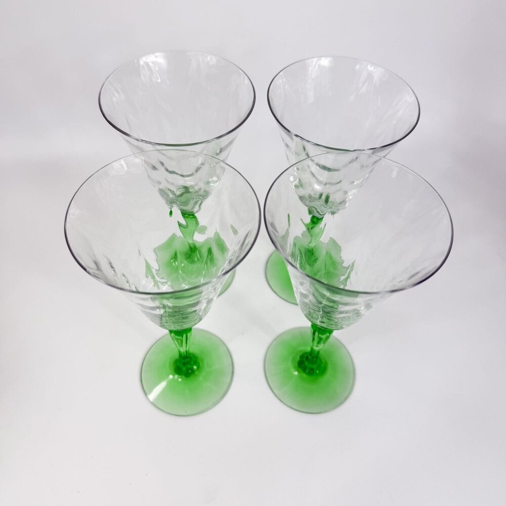 Fostoria Glass 6004 Uranium Green Stem Loop Optic Clear Water Goblets Set of 4 - Picture 2 of 6